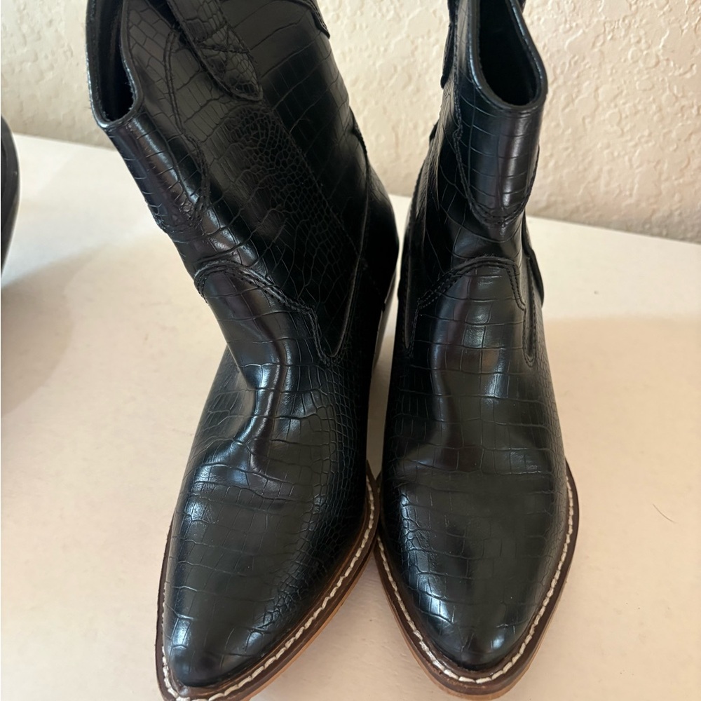 Black Croc-Embossed Ankle Boots